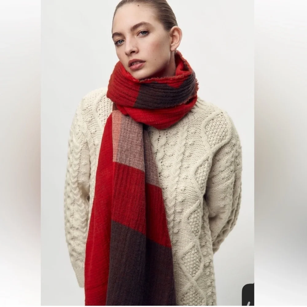 NWOT. Zara Red Wool Blend Plaid Scarf.